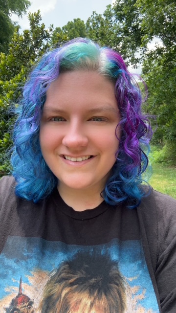Julie Blevins with purple and blue hair