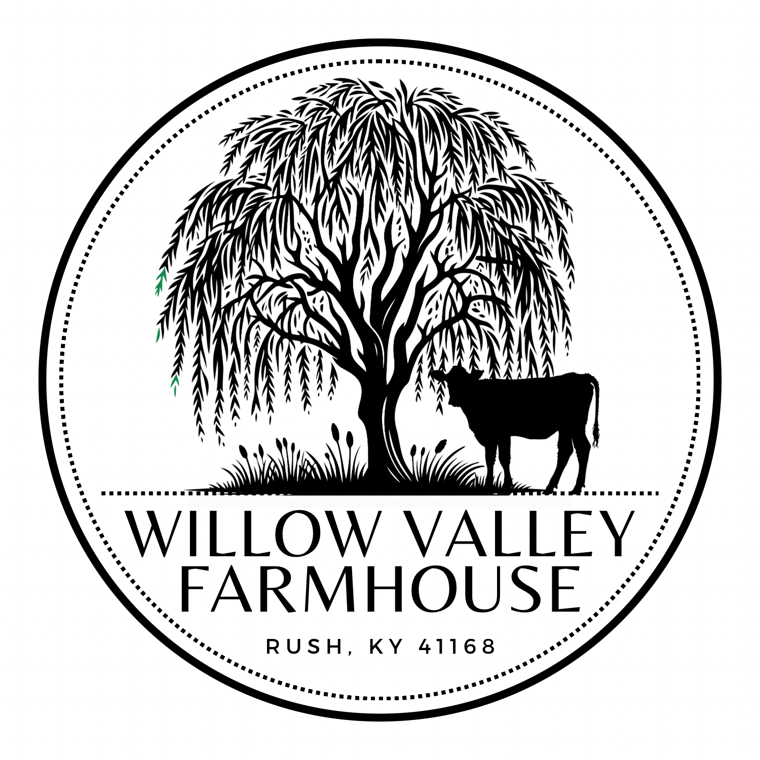 Willow Valley Farmhouse log in black and white with a willow tree and cow silhouette.